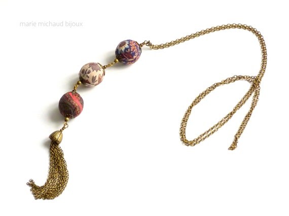Necklace with tassel,Liberty necklace, Long boho necklace, Liberty jewelry, Brown necklace,Original necklace,Textile jewelry,Boho jewelry