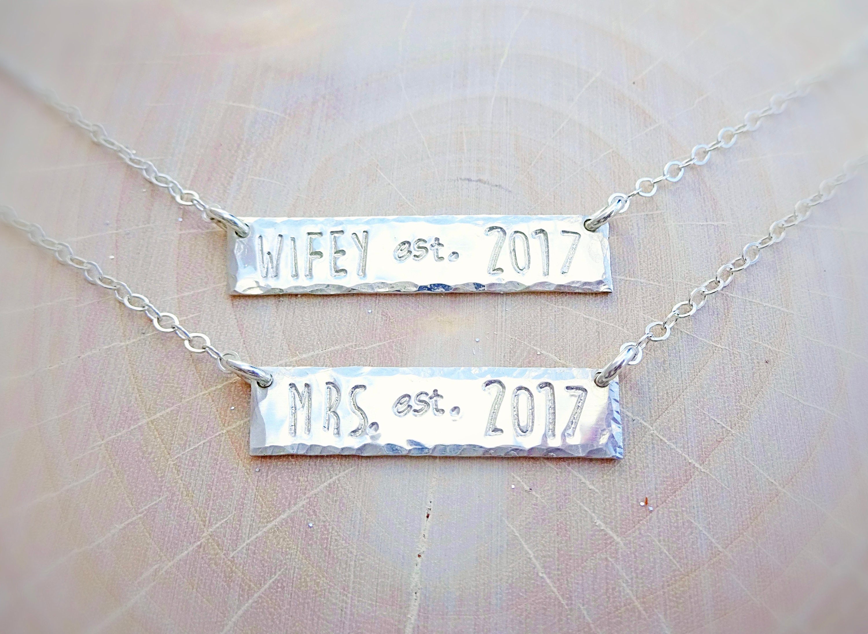 Mrs Bar Necklace, custom date, hand stamped, Sterling silver, bride necklace, engagement gift, wife, wifey, bridal shower, layering necklace