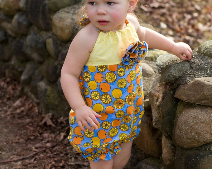 Baby Girl Bubble Romper - Gift - Toddler Clothes - Summer Outfit - 1st Birthday - Blue - Yellow - Hair Clip - Boutique - 6 months to 4 years