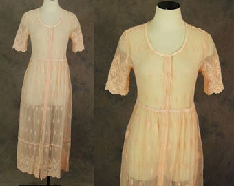 CLEARANCE SALE vintage 90s Lace Dress - Pink Sheer Mesh Lace Dress - Embroidered Mesh Maxi Dress Lace Duster Sz S M