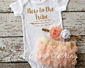 Baby Girl Coming Home Outfit New to the Tribe Bloomers Headband Take Home outfit girl Bodysuit Set Peach Gold lolabeanclothing Newborn girl