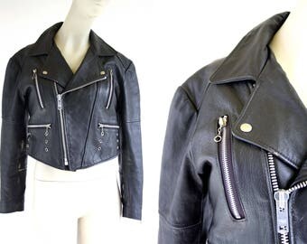 Vintage Black Leather Cropped Motorcycle Style Woman's Retro 90's Jacket