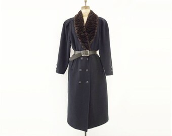 Vintage Black Coat Wool Coat 80s Fur Collar Vintage Great Coat Military Duster Coat Black Midi Coat Faux Persian Lamb Black Coat m / l