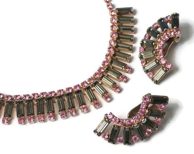 Pink and Olivine Green Rhinestone Necklace Earring Set Demi Parure Vintage
