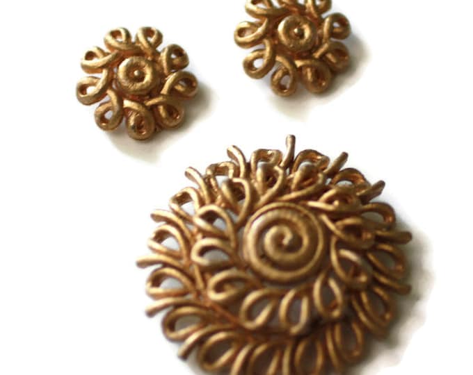 Gold Tone Swirl Brooch and Earrings Set Coro Signed Vintage