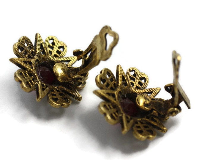 Star and Heart Earrings Red Faceted Center ART Signed Antiqued Gold Tone Finish