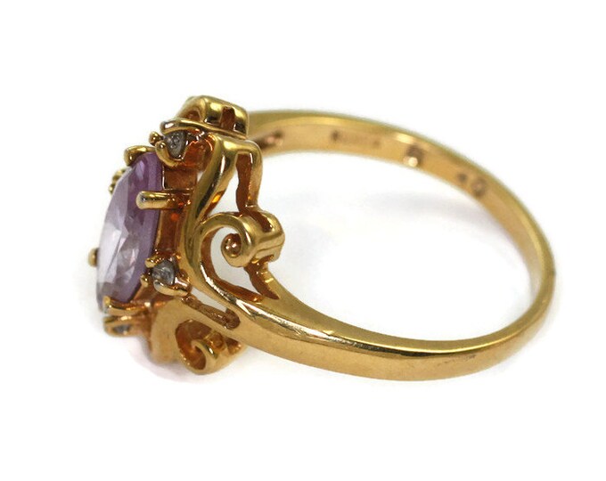 Amethyst Glass Ring Fancy Setting Clear Accents Size 10 Vintage