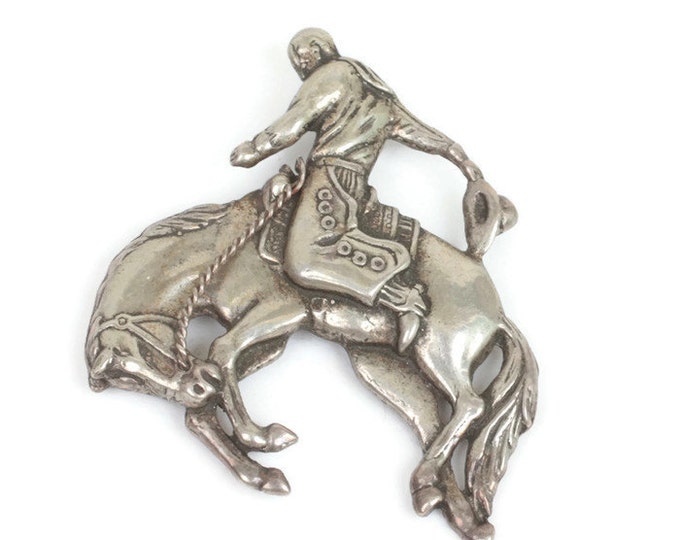 Bucking Bronco and Cowboy Brooch Sterling Silver Vintage
