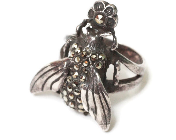 Sterling Marcasite Fly Bug Ring Size 5 Vintage Insect Jewelry