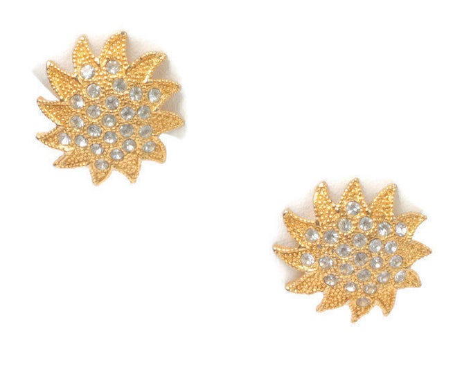 Starburst Earrings Clear Rhinestones Gold Tone Clip On Vintage
