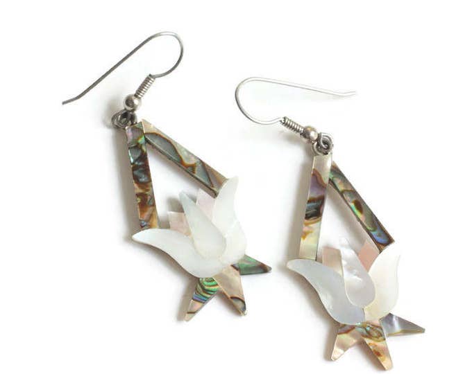 MOP and Abalone Dangle Earrings Tulip Floral Design Mexico Vintage