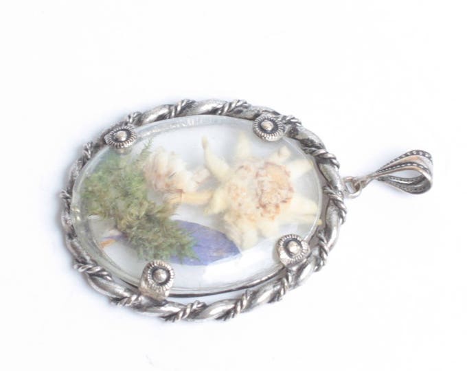 Edelweiss Pendant Dried Pressed Flower in Lucite Sterling Setting Vintage