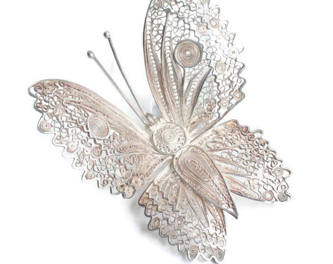 Large Silver Filigree Butterfly Brooch Peru Insect Jewelry Statement Brooch Vintage