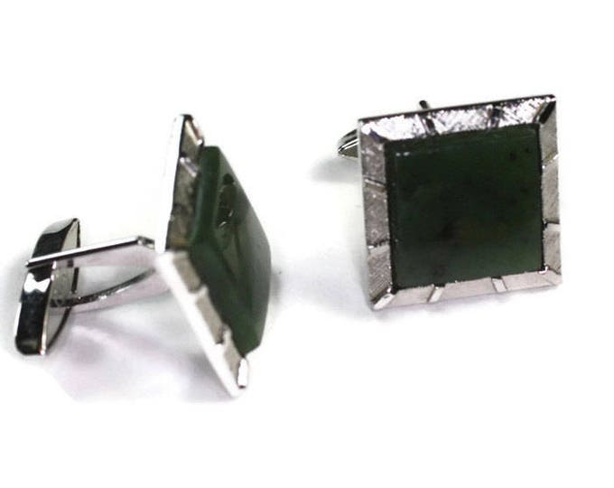 Green Stone Cuff Links Swank Silver Tone Square Vintage