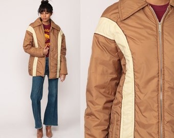 Retro Ski Jacket Puffer Jacket 70s Striped Puffy Coat Winter Puff Jacket Tan Cream Retro Boho 1980s Hipster Vintage Bohemian Medium