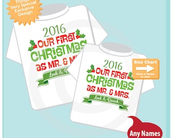 Matching Couple Christmas Shirts - Personalized tee shirts with Our First Christmas as Mr and Mrs - First Christmas Gift 12052016a