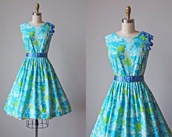50s Dress - Vintage 1950s Dress - Vibrant Aqua Lime Floral Print Cotton Full Skirt Sundress XL - Laguna Verde Dress