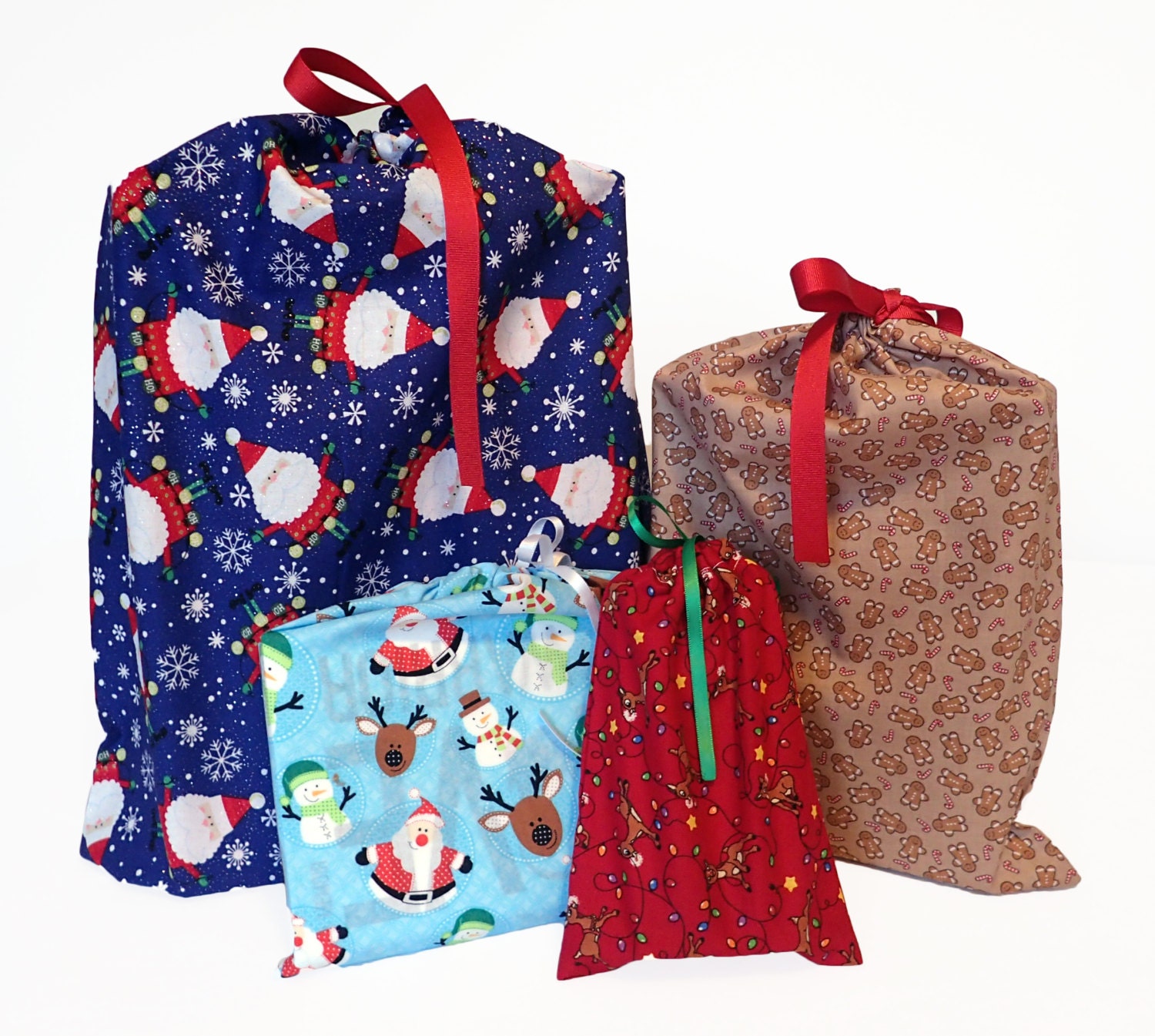 Christmas Fabric Gift Bags Earth-Friendly Set of 4 Reusable