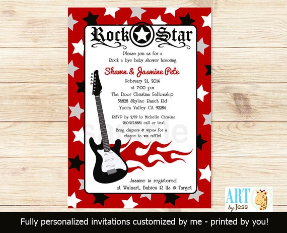 Red Rock Star Guitar Rocker Baby Shower Invitatons, PRINTABLE Digital File DIY Invitation Il_570xn