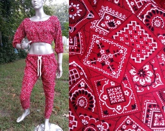 80s Shirt & 80s Pants Set, Vintage Costume, Parachute Pants in Red Bandanna Pants, MC Hammer Pants, Vintage Pants, 80s Shirt Size 12-14