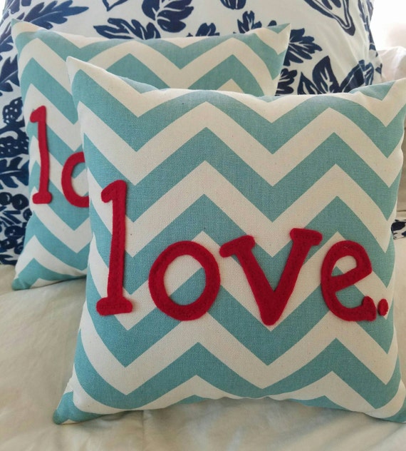 Love. Turquoise and Red Chevron Valentine Pillow