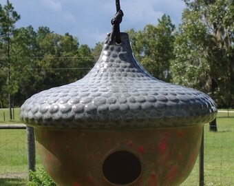 Ceramic Acorn Bird House 2, Volcanic Glow with Slate Cap