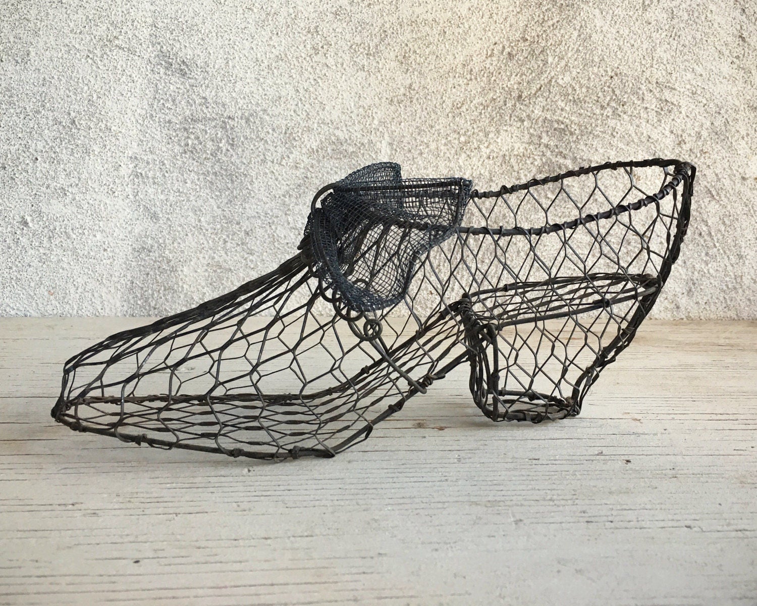 Vintage wire mesh shoe basket, metal shoe figurine, shoe lover gift