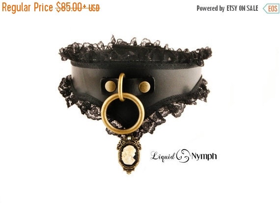 Sale: Cameo BDSM Collar Black Leather Lace Steampunk BDSM Bondage Hand Made in USA - Beautiful Victorian Slave and Fetish Choker Snaps/Locki by LiquidNymph steampunk buy now online