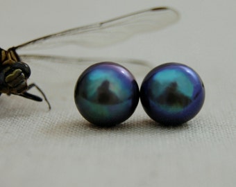 Meryl - Large Freshwater black/blue/purple button pearl earrings, stud earrings, business wear, formal wear, gift idea for her, pearls