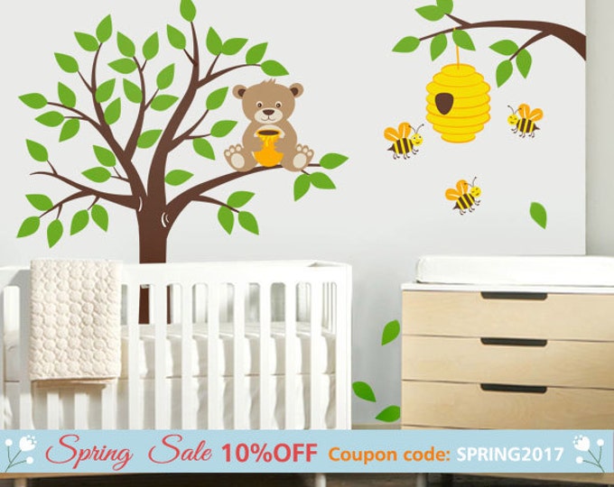 Tree Wall Decal Honey Bear and Bees Wall Decal Bear Wall Decal Nursery Kids Wall Decal Bees Wall Decal Bee Hive Bees Wall Decor Sticker