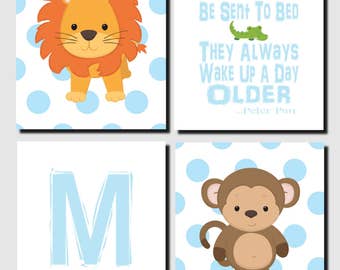 Jungle Animals Nursery Wall Art, Lion, Monkey, Boy Nursery, Little Boys Should Never Be Sent To Bed, Safari Animals, Set of 4, Prints,Canvas