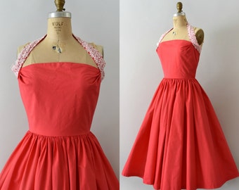 Vintage 1950s Dress - 50s Pink Cotton Halter Neck Sundress