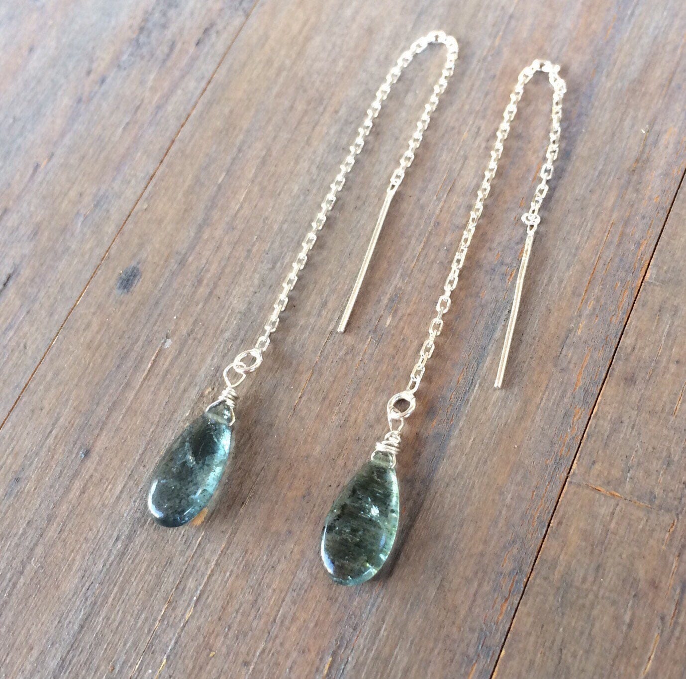 Aquamarine threader earrings. Sterling silver. Natural stone.