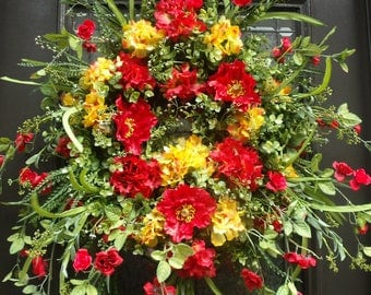 Spring Door Wreath, Spring Wreaths, Red and Yellow Spring Summer Wreath, Garden Wreath, Wild Wreaths