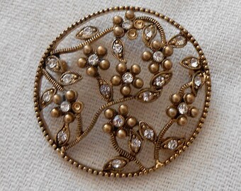 Vintage Rhinestone Flowering Vine Retro Mid Century Floral Circle Brooch Pin