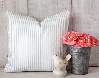 Weathered Blue Ticking Pillow Cover - Denim Blue Pillow - Blue and White - Farmhouse Cottage Decor