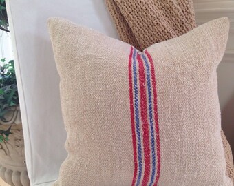 French Grain Sack Pillow French Farmhouse Pillow Grain Sack Pillow Blue and Red Grain Sack Ticking pillow Grain Sack Pillow Cover