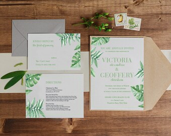 Destination Wedding Invitation, Banana Leaf Invitation, Palm Leaf Wedding Invite, Tropical Wedding Invitation, Botanical Wedding Invitation