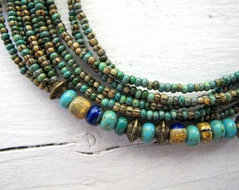 Long Layered Bohemian Necklace, Czech Glass Seed Bead Necklace, Rustic Bohemian Multi Strand Necklace, Handmade Bohemian Bijoux