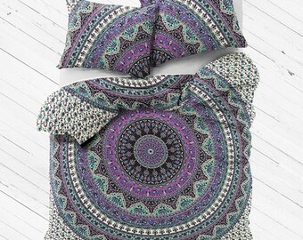 Purple and Sage Mandala Duvet Cover Tapestry Boho Bedding Or Flat Sheet Set with Matching Pillowcases Gypsy Dorm Room Bedding Beach Yoga