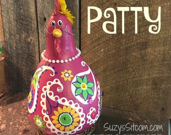 chicken, hen, rooster, bird, funny, gourd, gourd art, paisley, dark pink, green, flowers, decoration