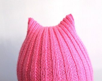 pink pussycat hat, knit cat hat, pink hat, womens hat, girlfriend gift