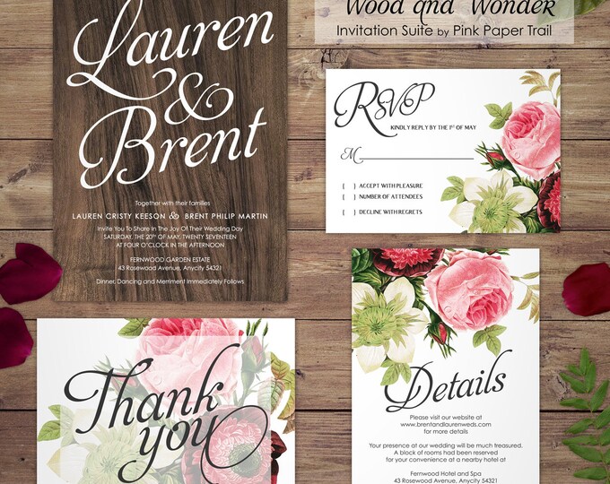 Wood and Floral Rustic Wedding Invitation, Garden Wedding, Rustic, Spring or Summer Wedding, DIY Wedding, Print Your Own