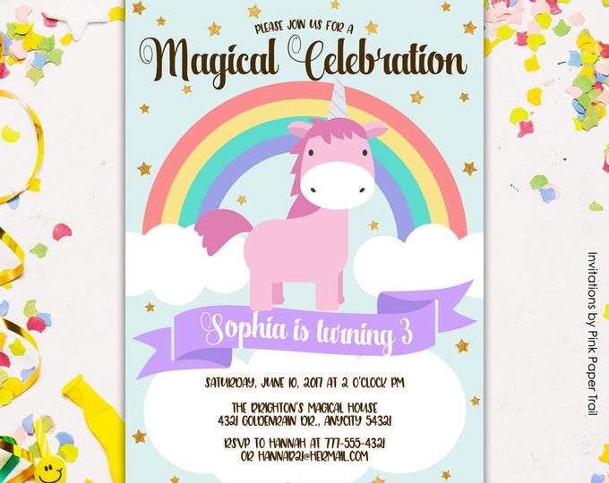 Cute Unicorn Birthday Party Invitation, First Birthday Magical Party Unicorn Rainbows Birthday Party Printable Invitation
