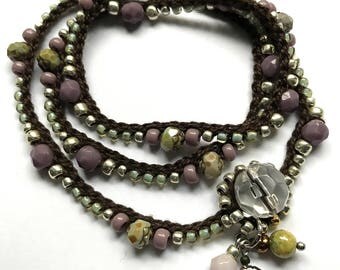 RESERVED FOR MARY Crochet beaded wrap bracelet / necklace, "bloom", lavender, spring, gift for her, crochet jewelry, coffycrochet
