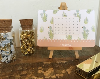 Watercolor Cactus Desktop Calendar with Wood Stand 2017 - Small Desktop Calendar - Christmas Gift - Office Accessories - Mini Desk Calendar