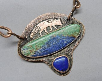 Copper Lapis and Azurite Necklace, Fox Jewelry, Forged Copper Collar, Made in New Hampshire, Fox Talisman, Art Jewelry, Statement Necklace