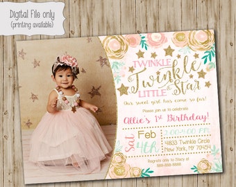 Twinkle Twinkle Little Star Birthday Invitation, Watercolor Flower, Twinkle Twinkle Birthday Invite, Gold Glitter, Twinkles, Girl Twinkle