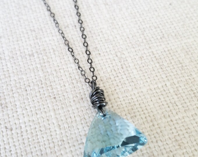 Aquamarine Necklace, Aquamarine Crystal Necklace, Silver Aquamarine Crystal Necklace, Silver Aquamarine Crystal Triangle Necklace