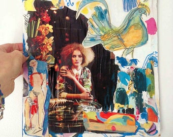 Orchids And Plumes - Original Mixed Media Collage on Cardboard / Fashion / Boho Art / Decor / Contemporary